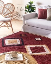 Tappeto In Cotone Con Nappe E Motivo A Diamante Rosso 160 X 230 Cm Soggiorno Camera Da Letto - 2
