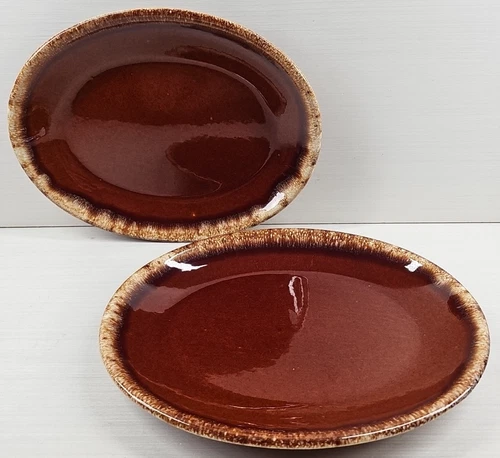 (2) Hull Brown Drip 12" Oval Serving Platters Set Vintage Pottery Retro Dish Lot