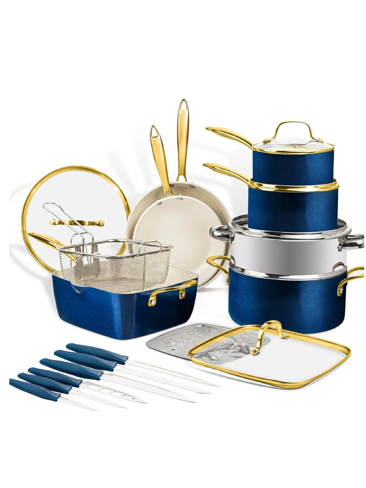 Gotham Steel Navy 20 Pc Ultra Nonstick Ceramic Cookware Set / Knutriblade Knives