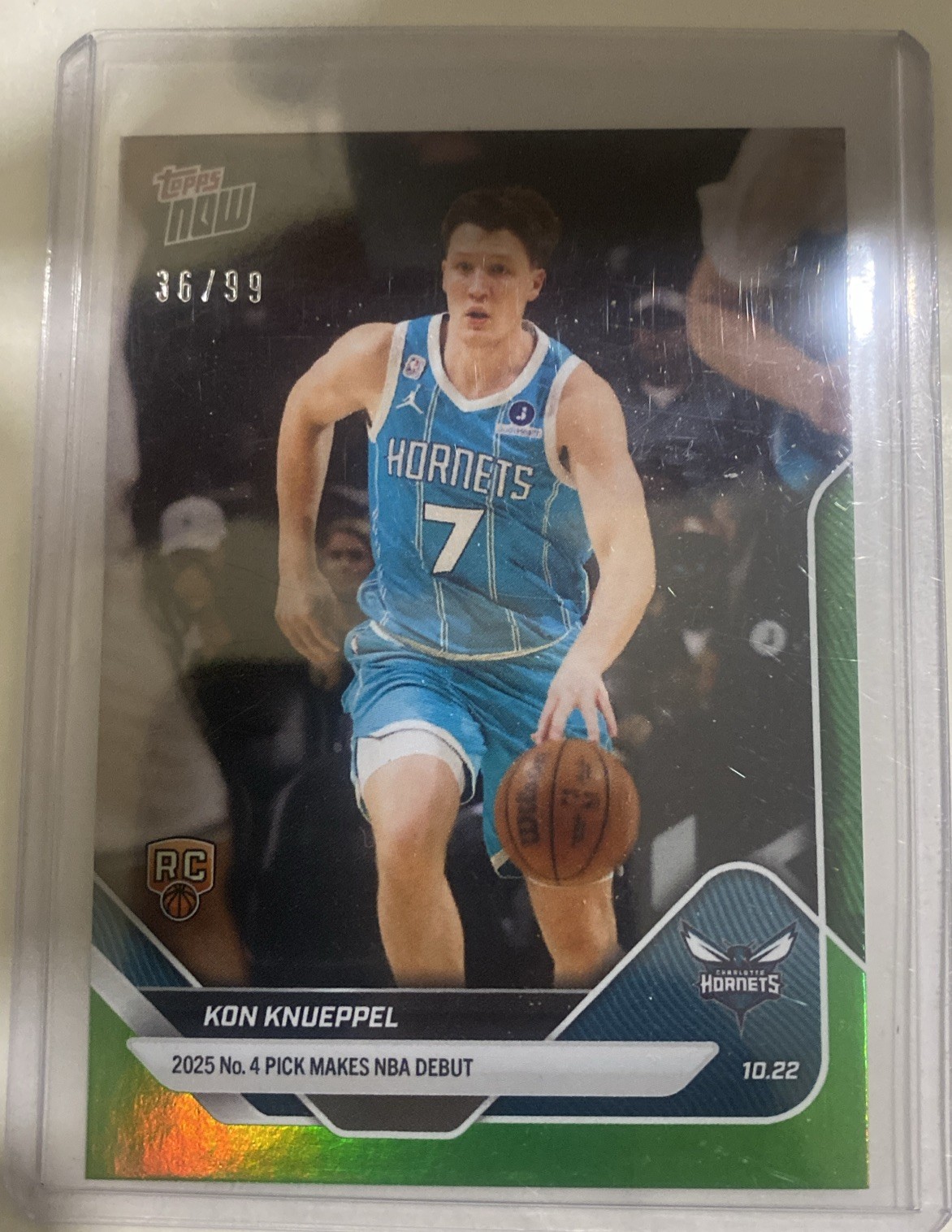 Kon Knueppel 2025-26 NBA Topps Now #10 RC Charlotte Hornets Debut Green /99