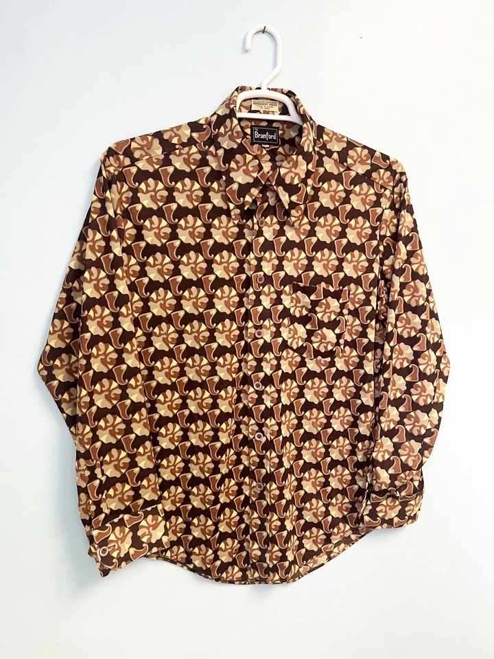 Vintage 70s Branford Button Up Shirt XL Disco Mod Geometric Brown Orange - Image 2 of 4
