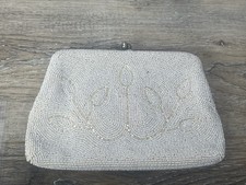 Vintage White Beaded Evening Clutch Bag Kiss Lock Made In Japan