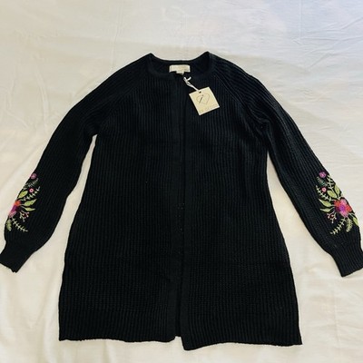 By Design- Flower Embroidered Sleeves Cardigan Size Small New With Tag 2 Pockets