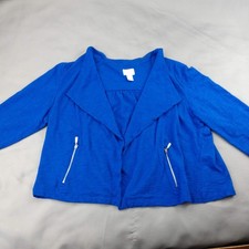 Chico's Jacket Womens Size 2 Blue Knit Open Front Zip Pockets Relaxed 3/4 Sleeve