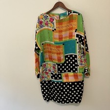 VTG Women’s Carol Mignon Silk Dress Sz.16 8Os Patchwork Floral Dots Knee Length