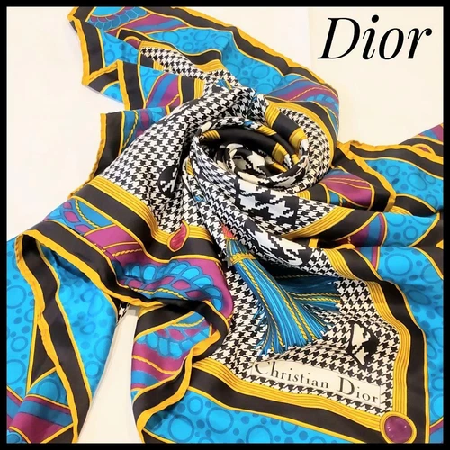 Grande écharpe vintage Dior pied de poule bleu 33,5x34,3 en rare enveloppe châle
