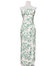 New Women’s Green White Fitted Strapless Floral Maxi Dress Leg Slit Vacay Sz M