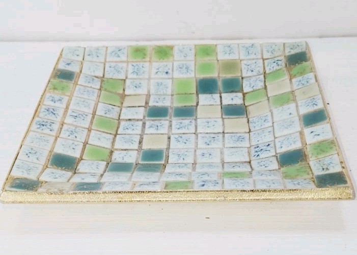 Retro Mid Century Core Tiled Dish Tray Trinket Dish Green Blue Gold 5" Square