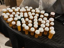 Lot of 68 Empty Plastic Ambe/Green RX Pill Prescription Bottles For Crafts