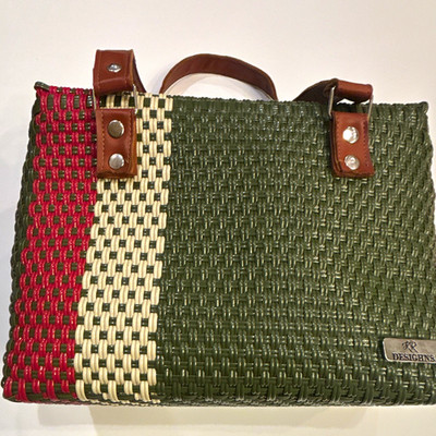 KR Designs Woven Tote Bag Green Red Beige Brown Double Handles Magnetic, Lined