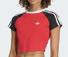 Women's Adidas Originals Red Cropped T-Shirt - Black & White Stripes Size Small