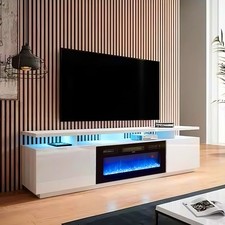70inch White TV Stand Unit Cabinet with Electric Fireplace & 12 Colour LED Light