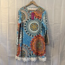 Halife Womens M Blue Casual Boho Dress Mandala Lace Trim Stretch New