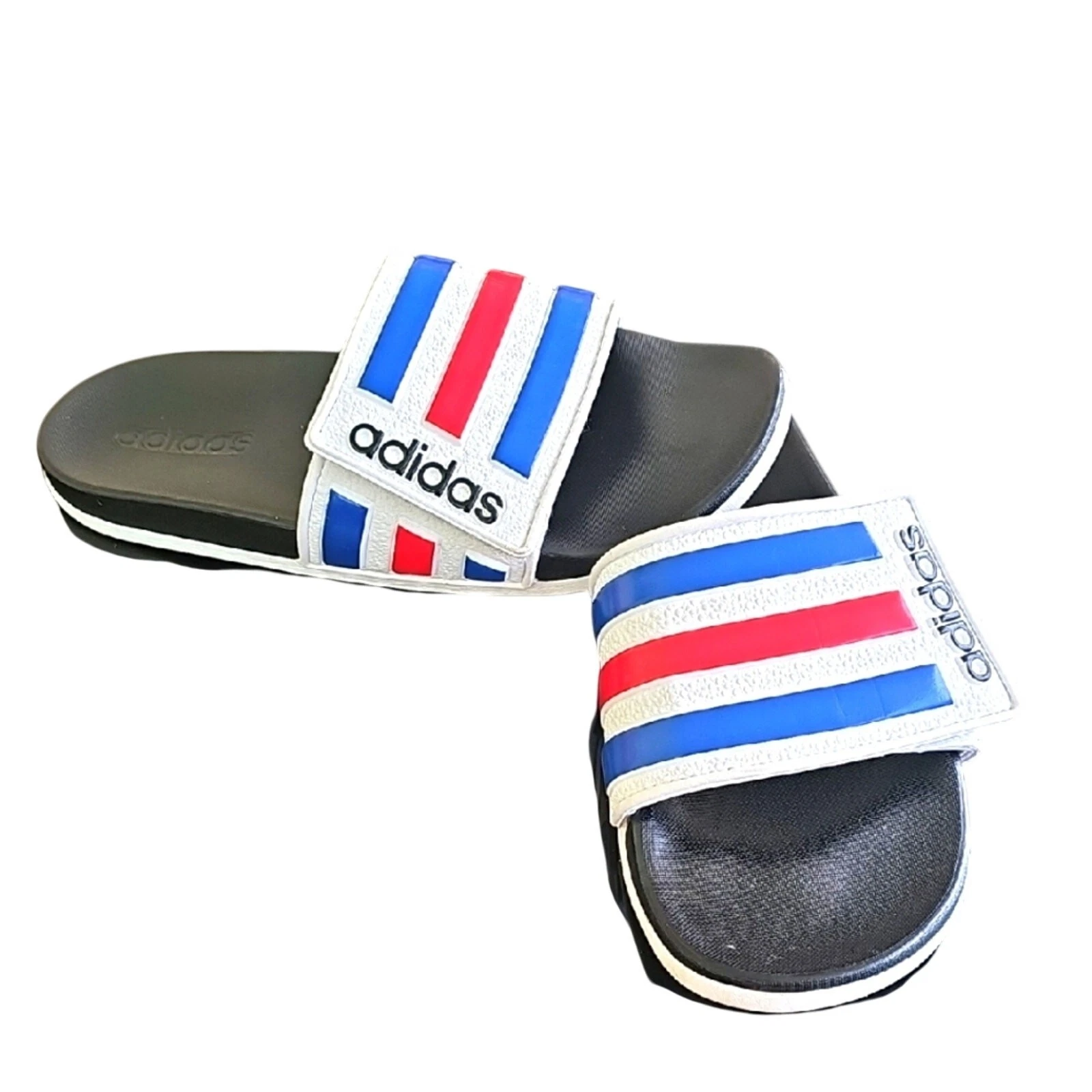 Adidas Adilette Sandali Slide Uomo Bianco e Nero con Strisce Blu e Rosse Taglia 8