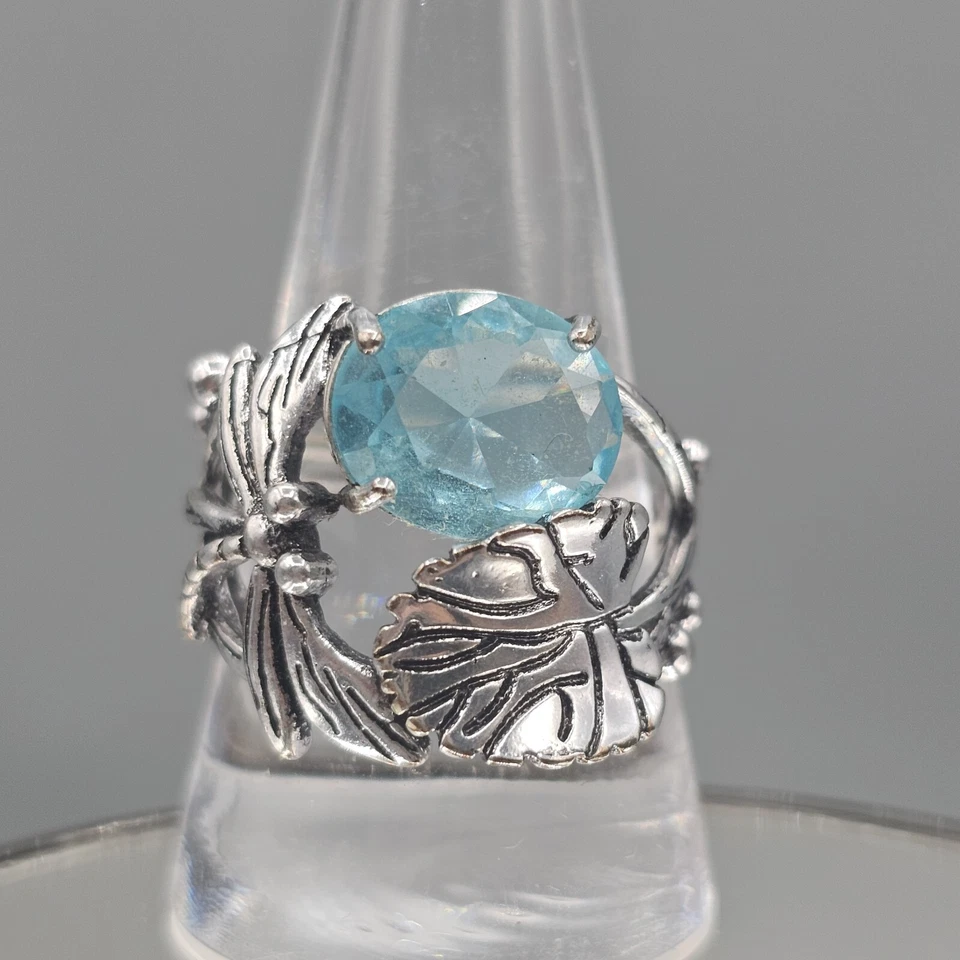 Anillo Libélula Distintivo Tono Plata Trabajo Abierto Azul Faceta Corte Vidrio Piedra talla 9.5 Foto 2 de 4