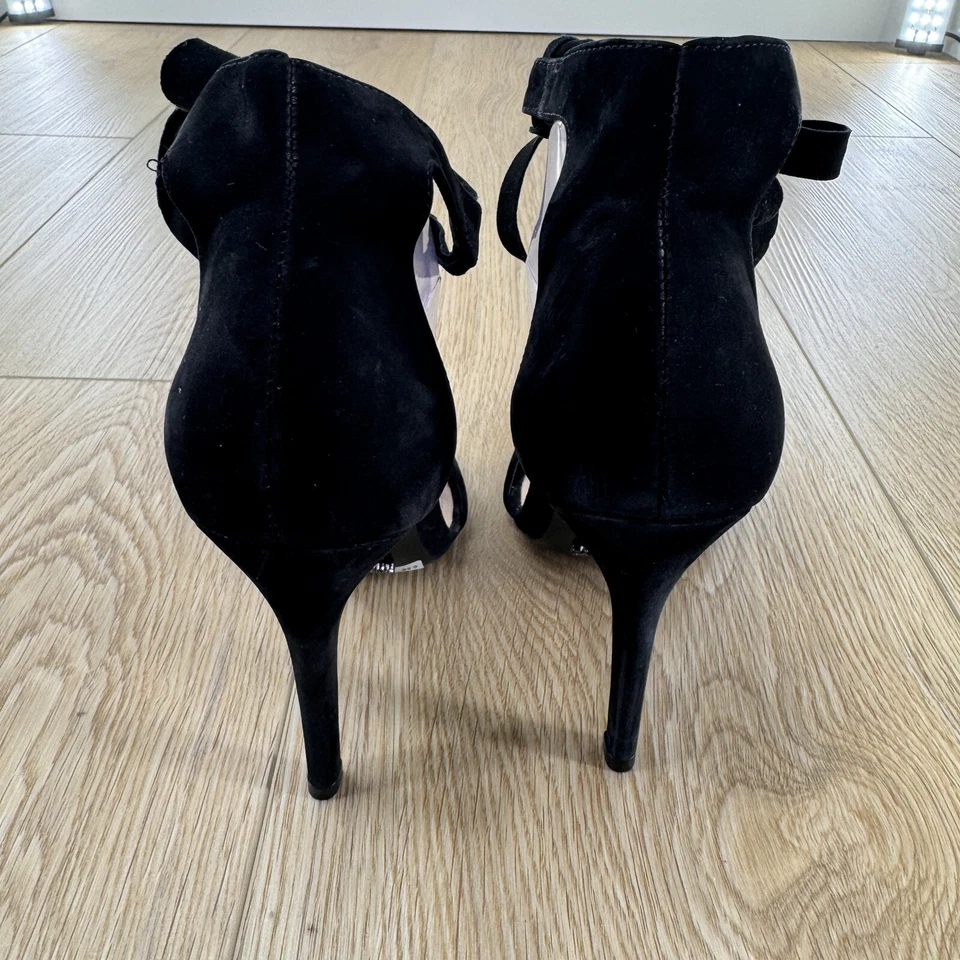 Schutz Talla 9.5 Negro Gamuza Nubuck Tie Sandalia Peep Toe Tacón Alto Cuero Zapato Foto 4 de 4