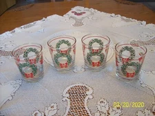 Libbey Christmas Wreath, Bow & Bell Pattern Set Of 4 Double Old Fashion Glasses