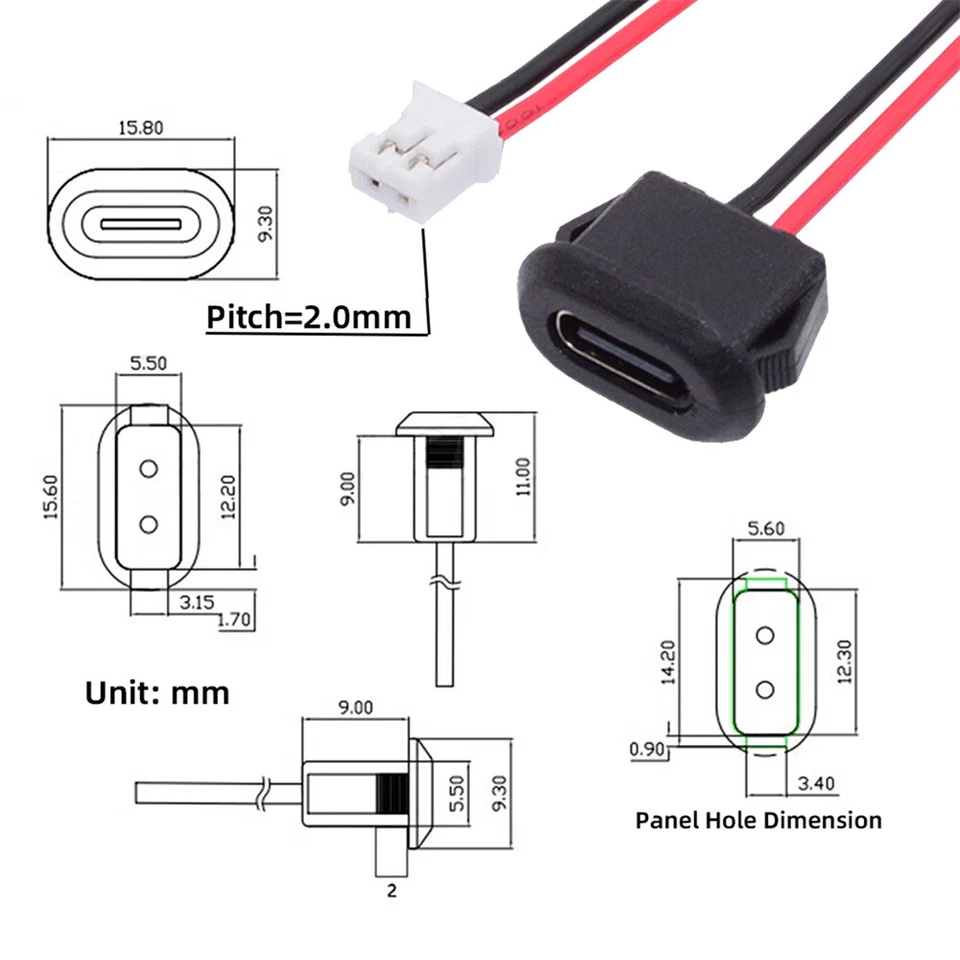 CY 5pcs Latch Mount Type Pitch=2.0mm Type C Female Socket to 2Pin DIY OEM Cable - Image 3 of 4