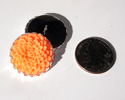 Peach Dahlia Resin Button 1'' handcrafted shank silver plated crown edge tray