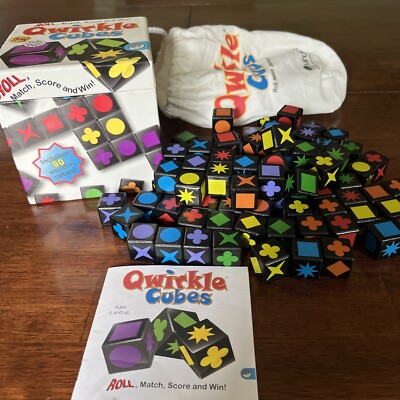 QWIRKLE Cubes Game 90 Cubes, Box, Storage Bag Used Nice 1 Cube Missing
