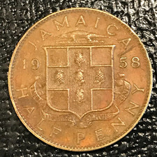 VF/XF DETAILS  1958 JAMAICA HALF PENNY CROCODILE COIN-SCRATCHES-APR102