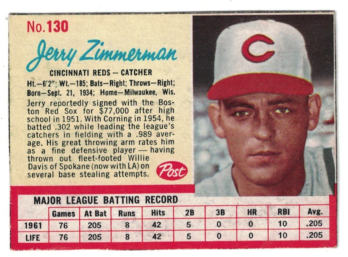 1962 Post Cereal 130, Jerry Zimmerman, Cincinnati Reds eBay