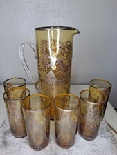 Vintage Amber Glass Pitcher and Tumblers 7 piece Set