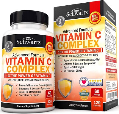 Vitamin C Complex Supplement, Vitamin C 1000mg Capsules w/ Rose Hips Zinc 120 ct