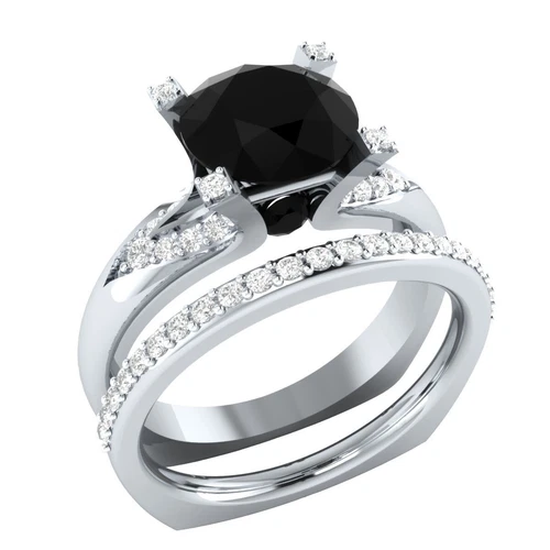 2.46Ct Black Round Lab Created Diamond 925 Sterling Silver Engagement Ring Set
