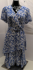 Tahari ASL Ruffle Sleeve Blue White Floral Wrap Dress Size 2