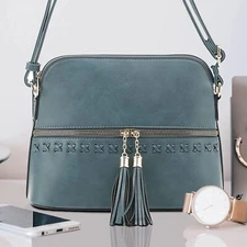 Medium Crossbody Bag, Shoulder Bag with Tassel - Blue