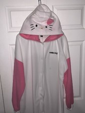 Hello Kitty Forever 21 Pink White Hooded Button Pajama Jumpsuit Adult Size LARGE