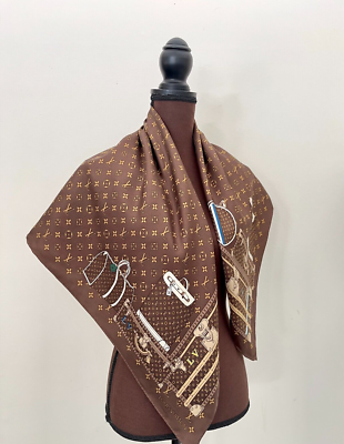Louis Vuitton Scarf Iconic Monogram Trunks Luggage Brown Silk Wrap