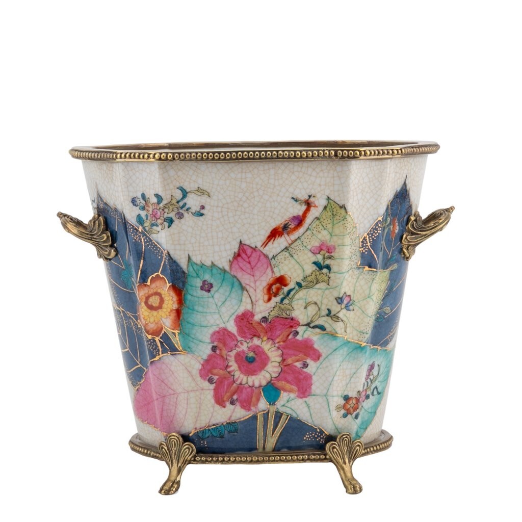 Tobacco Leaf Porcelain Planter with Bronze Ormolu-9'' x 7''H