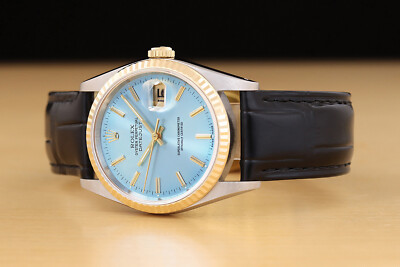 ROLEX MENS DATEJUST 16233 ICE BLUE 18K GOLD STEEL WATCH w/ BLACK