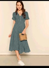 NWOT Shein women's floral all over v-neck tea dress, size XS, green