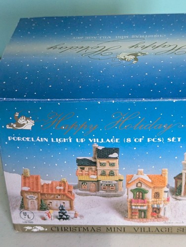 Happy Holidays porcelain Christmas Village 8 Piece Light Up Set - Picture 11 of 15