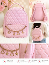 Pink Quilted Heart Mini Backpack Purse, Gold ...