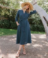 PACT Sunset Easy Dress French Navy Blue XL NWOT Organic Cotton Midi Button