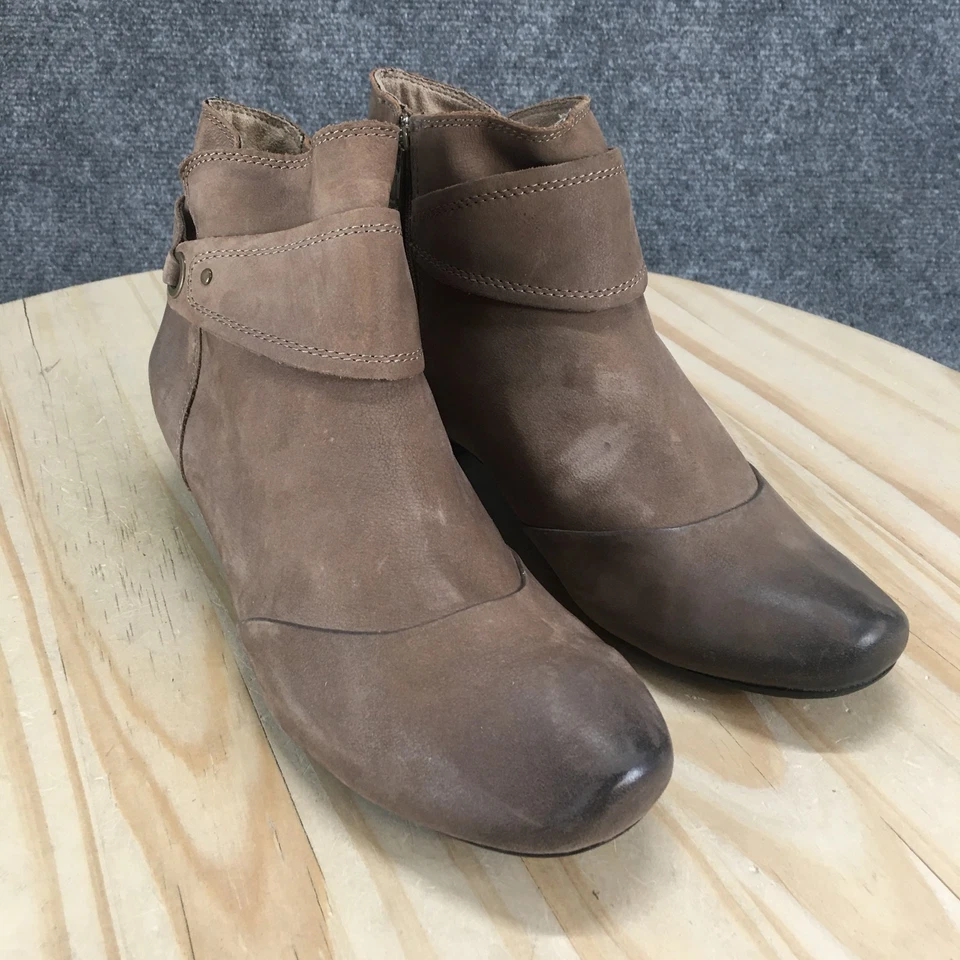 Taos Boots Womens 7.5 Ankle Bootie Brown Leather Side Zip Ankle Top Block Heels - Image 3 of 4