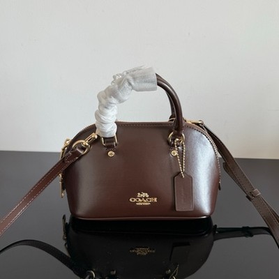 Coach Mini Shell Satchel Dark Brown Leather Top Handle Crossbody Bag Gold Tone H