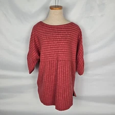 Max Studio Blouse Women's M Dusty Pink Short Gathered Sleeve Stripe Round Neck