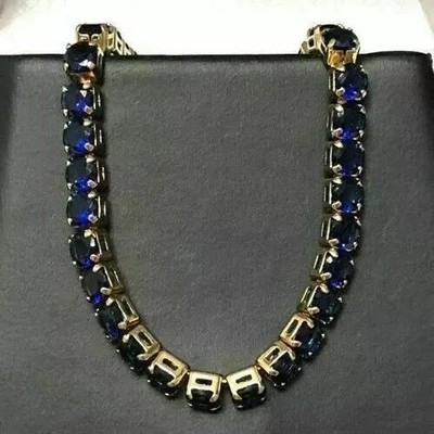11CT Round Cut Lab Created Sapphire Women Tennis Necklace 14K Yellow Gold Finish