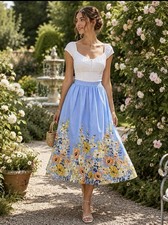 Entro Floral Border Print Midi Skirt S Blue Cotton A-Line NWT