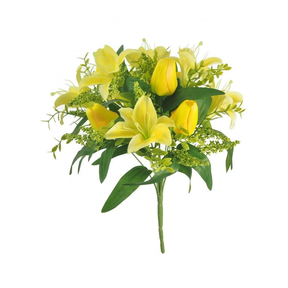 Mixed Spring Faux Silk Flower Bunch Lilies and Tulips 34cm Yellow