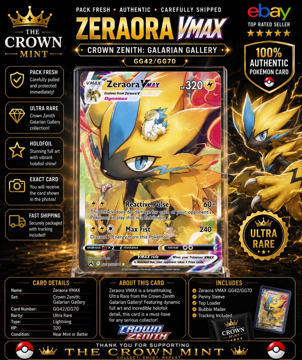 Zeraora VMAX GG42/GG70 Galarian Gallery Crown Zenith Ultra Rare NM