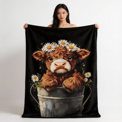 Rustic Highland Cow Daisy Floral Flannel Blanket 60x80 Soft Farmhouse Decor Thro