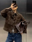 Vintage Brown Suede Women Jacket Turn Down Collar Long Sleeve Autumn OutwearCoat