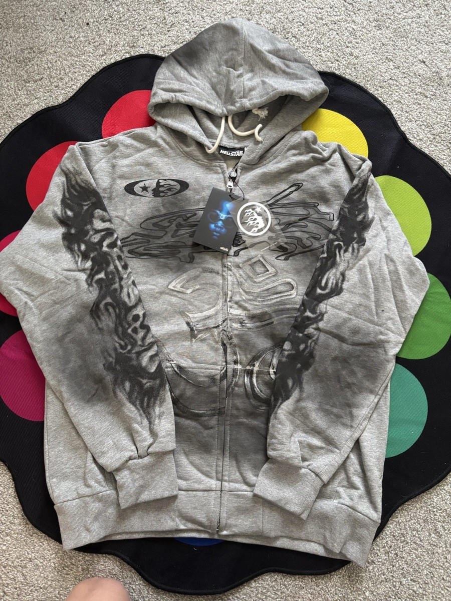 HELLSTAR Gray Full Zip Graphic Print Fleece Hoodie Men