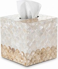 Square Tissue Box Cover, Handmade Boho Decoraive Tissue Holder with Capiz